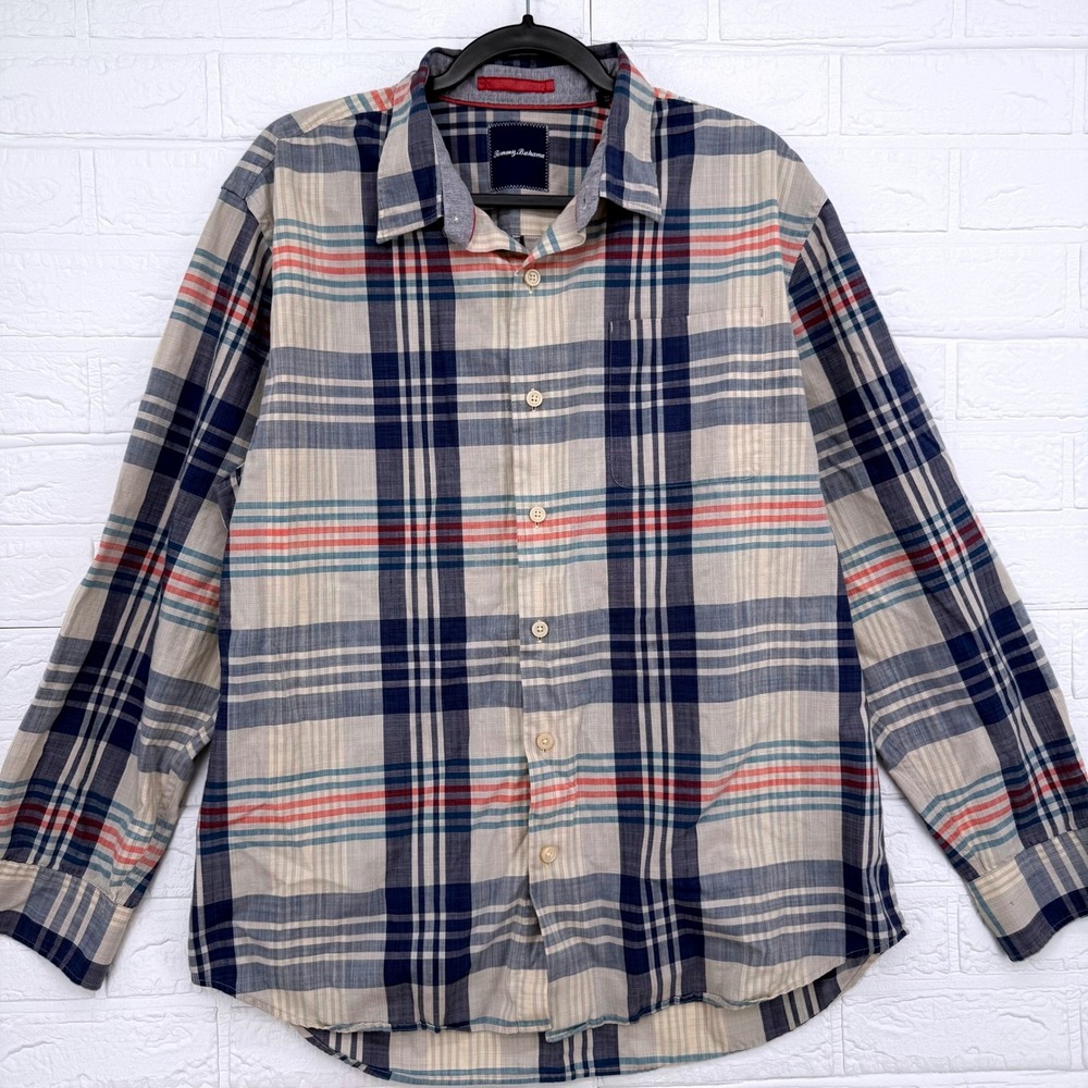 Tommy Bahama Button Down Shirt Mens L Blue Plaid 100% Cotton Casual Coastal